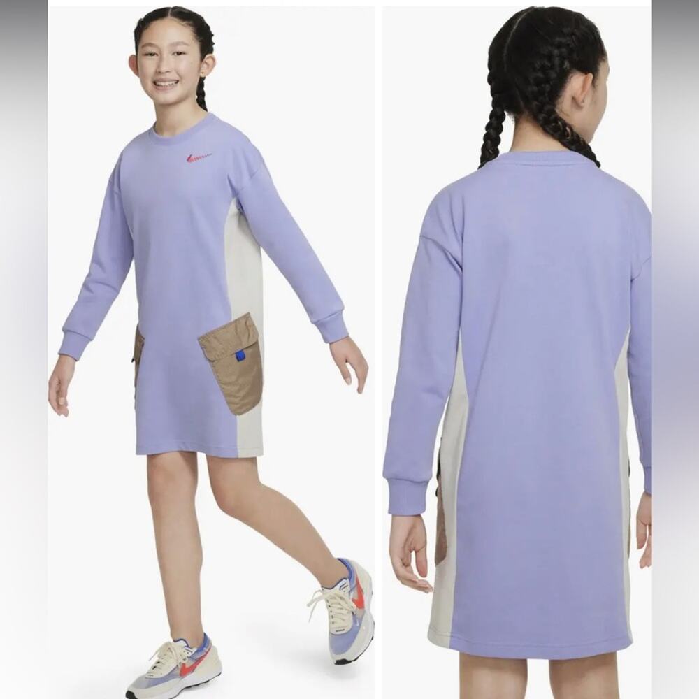Nike Girl's Purple & White Long Sleeve Utility Pocket Sweater Dress Size M